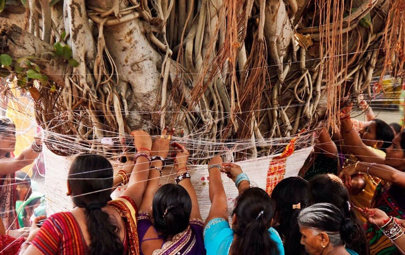 Vat Purnima in Goa - Tying threads to a tree